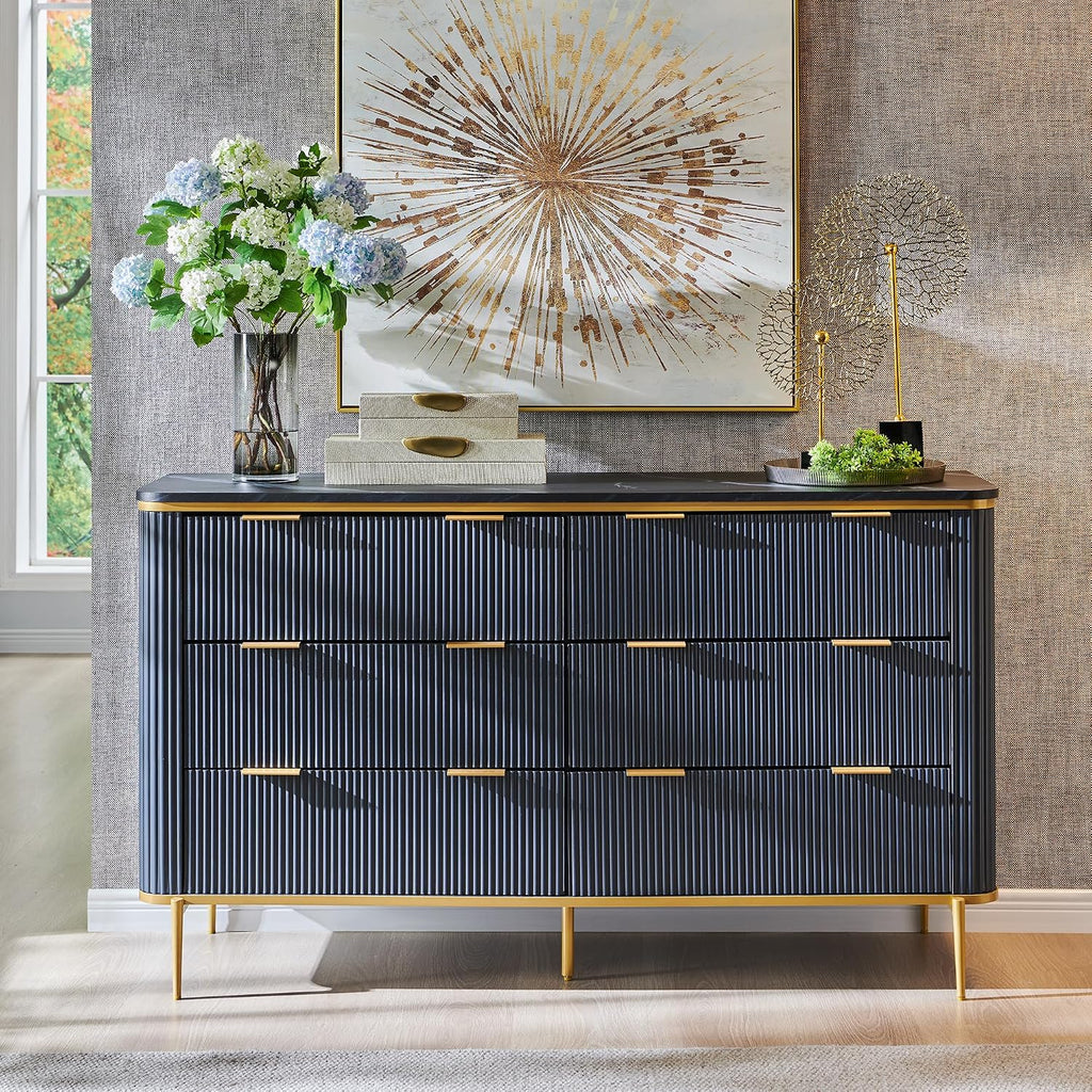 T4TREAM Fluted 6 Drawers Dresser for Bedroom, 54' Wide Modern Dresser TV Stand, Gold Accents, Fluted Fronts, Wood Storage Dressers Organizer for Bedroom, Living Room, (Dark Grey)
