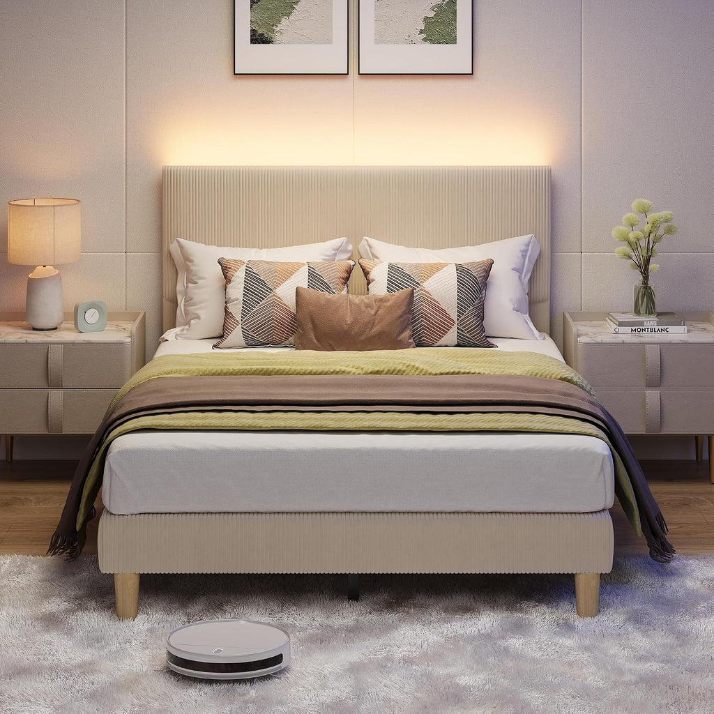 Bestier Full Size Bed Frame with Adjustable Headboard,LED Lighting,Vertical Channel Tufted Corduroy Upholstered, Solid Wooden Slats Support,No Box Spring Needed,Never Squeaks,Easy Assembly, Taupe