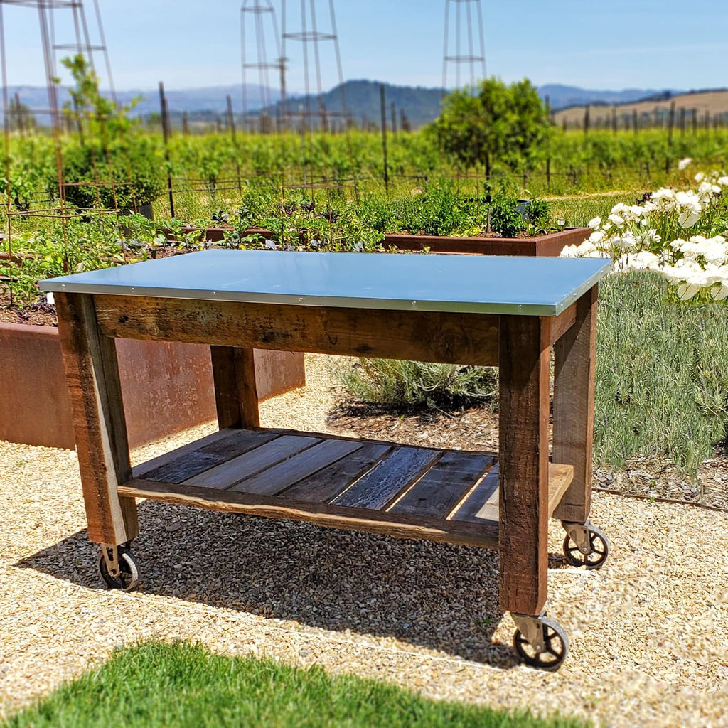 Redwood Potting Table Rolling Cart Swivel Cast Iron Wheels with Brakes Outdoor Garden Work Bench (No Hardware w/ 5in Black Caster)