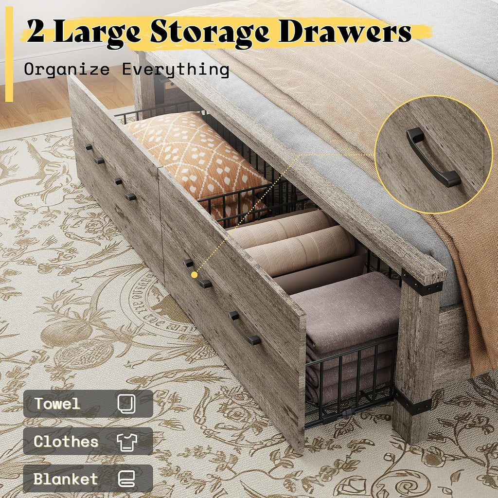 AMERLIFE Farmhouse Queen Bed Frame with 54' Tall Geometric Headboard & Footboard, Rustic Wood Platform Bed Frame with Large Storage Drawers, Wood Slats Support, No Box Spring Needed, Rustic Grey