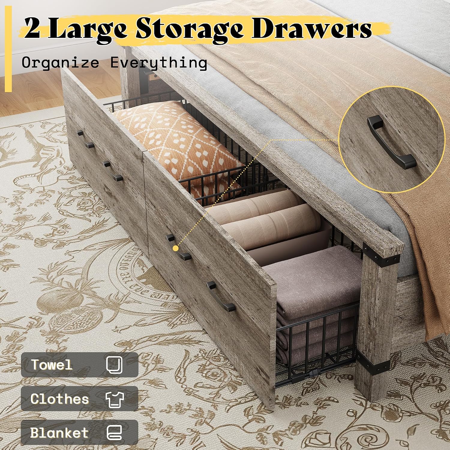 AMERLIFE Farmhouse Queen Bed Frame with 54' Tall Geometric Headboard & Footboard, Rustic Wood Platform Bed Frame with Large Storage Drawers, Wood Slats Support, No Box Spring Needed, Rustic Grey
