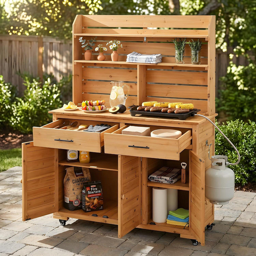 Polibi 65' H Large Garden Potting Bench with Lockable Wheels,Hutch Top & Storage Cabinet, Fir Wood Outdoor Kitchen Island Prep Cart with Drawers and Removable Shelves for Grilling, Natural