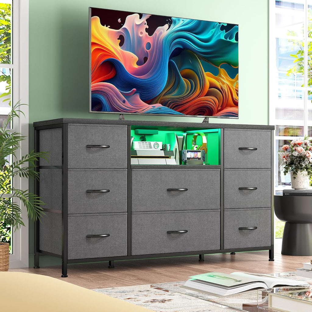 EnHomee Dresser for Bedroom with LED Lights & Charging Station, Dresser TV Stand for Bedroom with 8 Drawer for 55 inch TV, Fabric Dressers & Chests of Drawers with Shelves for Hallway Entryway, Grey
