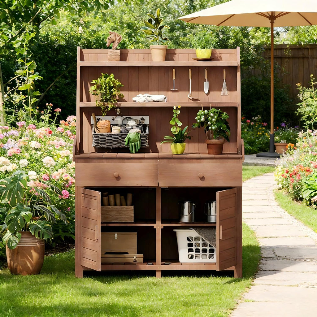 65' Potting Bench with Storage, Fir Wood Outdoor Garden Work Table with Drawer, Cabinet Shelf, Wooden Gardening Planting Table, Outdoor Plant Stand for Patio, Lawn Garden (Brown)
