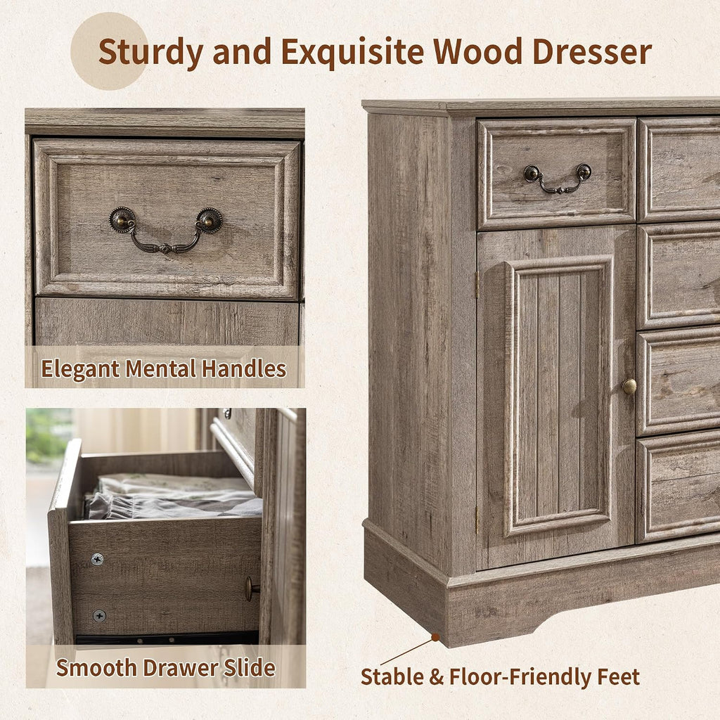 Homkdom Dresser for Bedroom with 6 Drawers & 2 Doors with Silent Gliding Drawers for Bedroom,Dining Room, Hallway,Grey