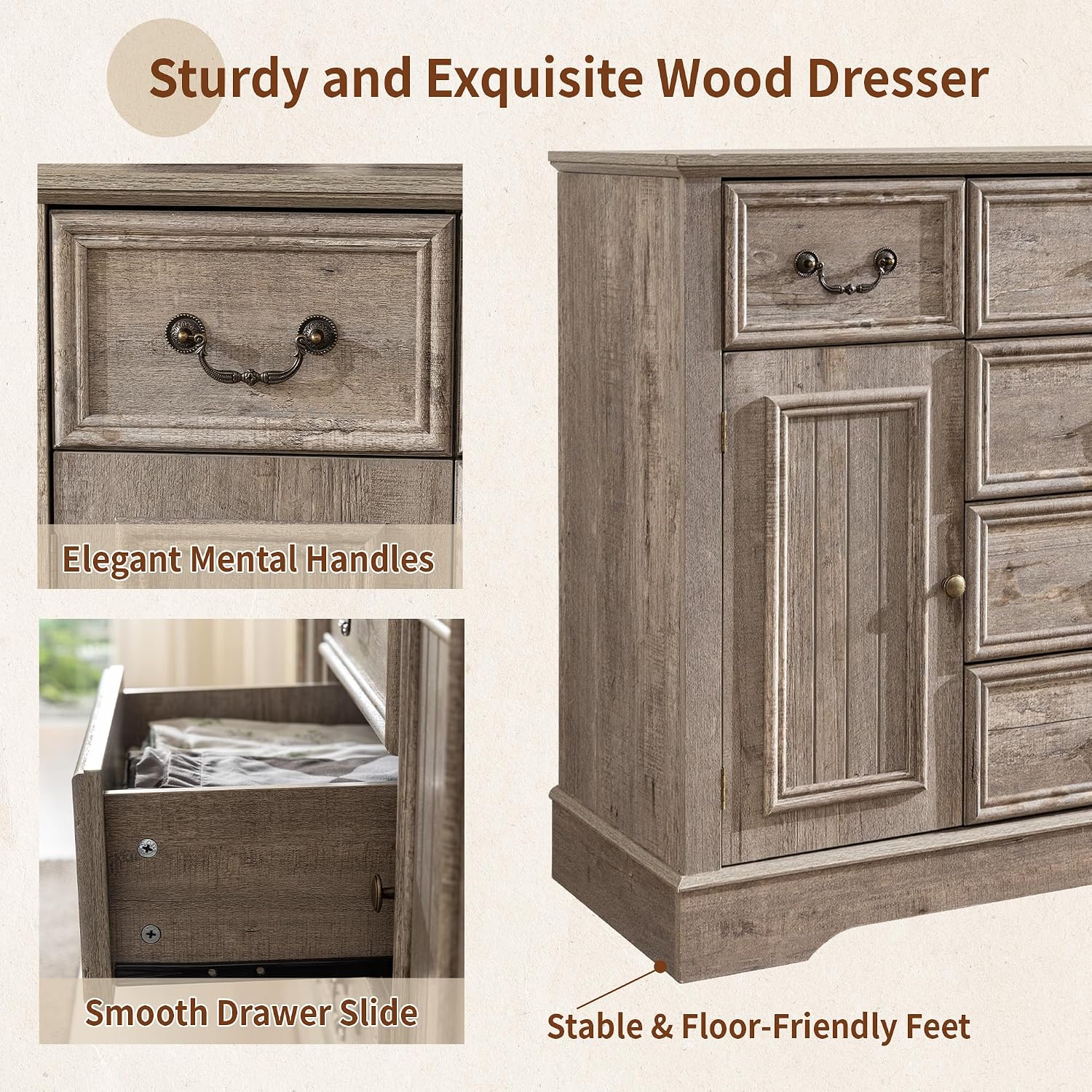 Homkdom Dresser for Bedroom with 6 Drawers & 2 Doors with Silent Gliding Drawers for Bedroom,Dining Room, Hallway,Grey