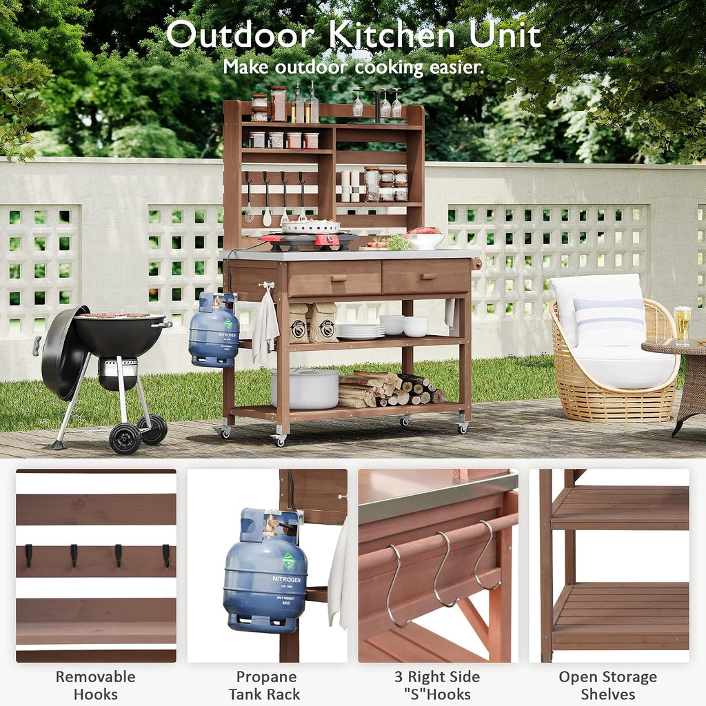 Harper & Bright Designs Outdoor Potting Bench Table, Solid Wood Kitchen Island with Drawer and Shelf, Lawn Garden, 64.9' H, Brown