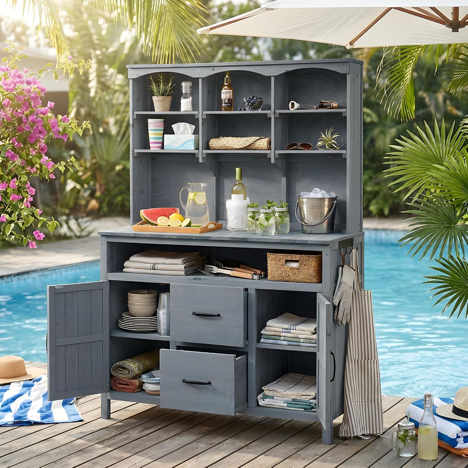 Polibi Large Fir Wood Potting Bench 45.3' Outdoor Patio Kitchen Island with Hutch, Cabinets, Drawers & Hooks, Multi-Functional Gardening Workbench for Grill, Gray