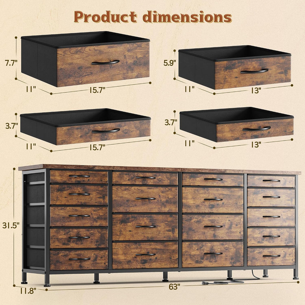 63'W TV Stand for Bedroom with LED Light & Power Outlets, Long Dresser with 18 Deep Drawers for 65 70 75 inch TV, Fabric Dresser TV Stands for Living Room Entryway Hallway Closet, Rustic Brown