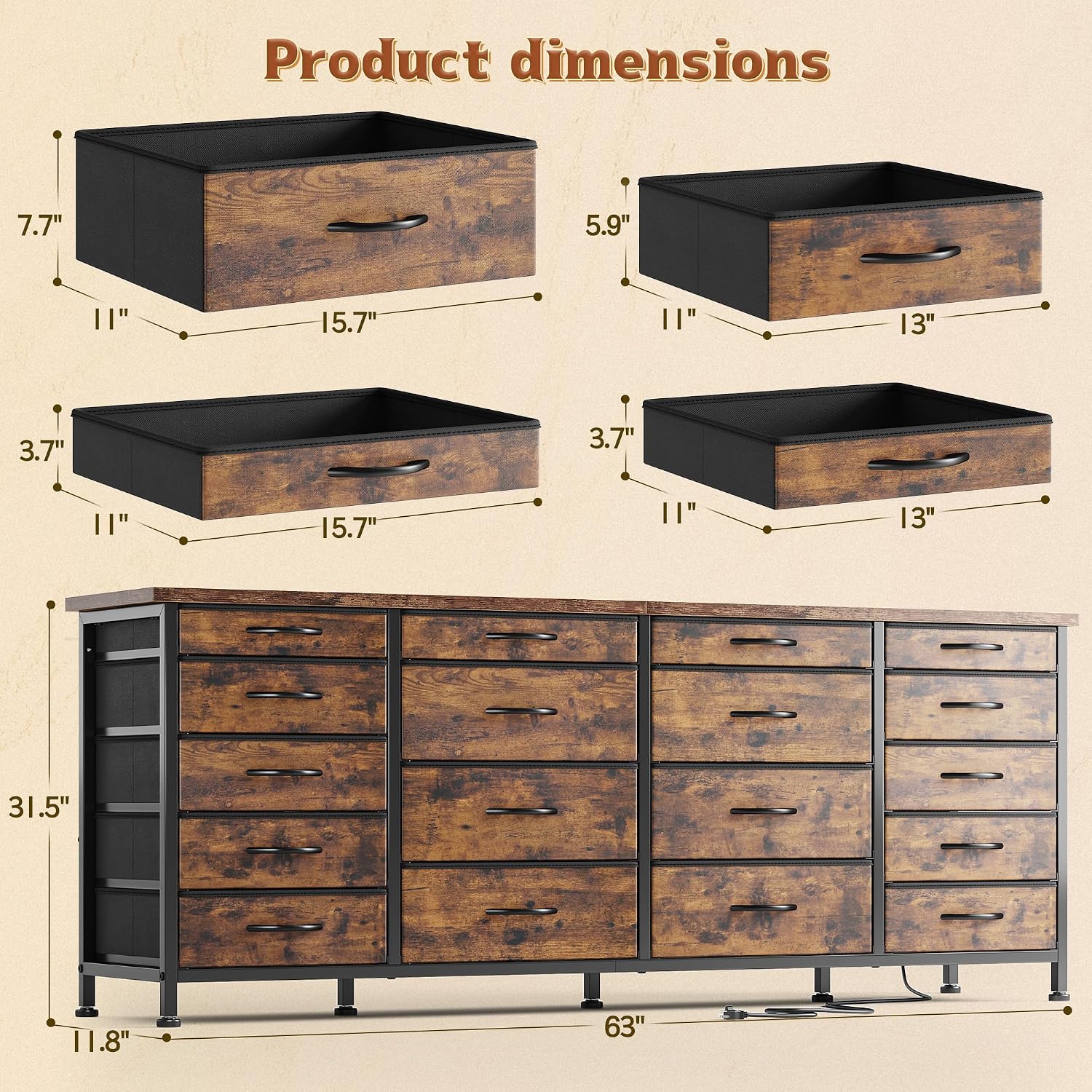 63'W TV Stand for Bedroom with LED Light & Power Outlets, Long Dresser with 18 Deep Drawers for 65 70 75 inch TV, Fabric Dresser TV Stands for Living Room Entryway Hallway Closet, Rustic Brown