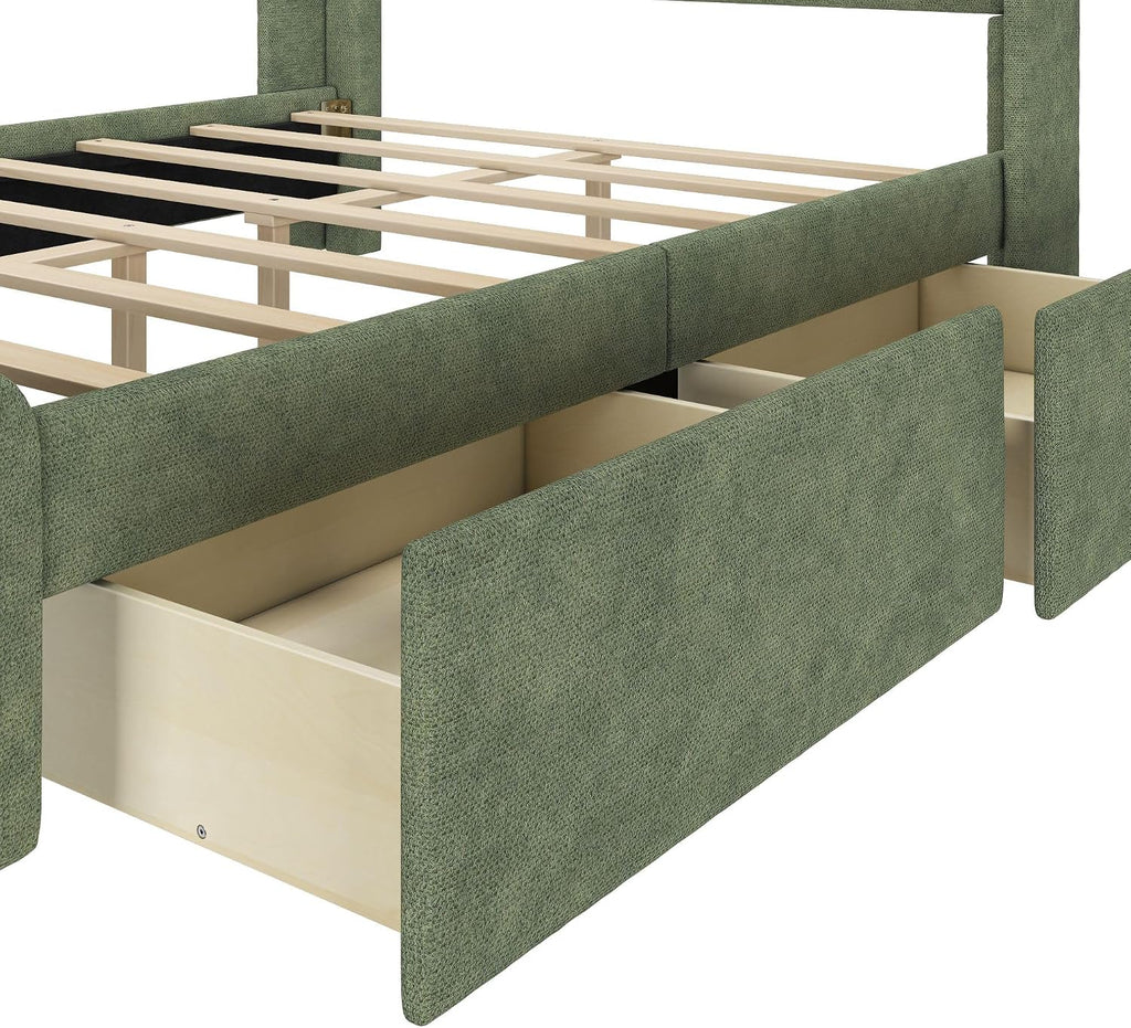 Plank+Beam Upholstered Full Bed Frame with Rectangular Headboard and Two Storage Drawers, Upholstered Platform Bed, No Box Spring Needed, Easy Assembly, Green
