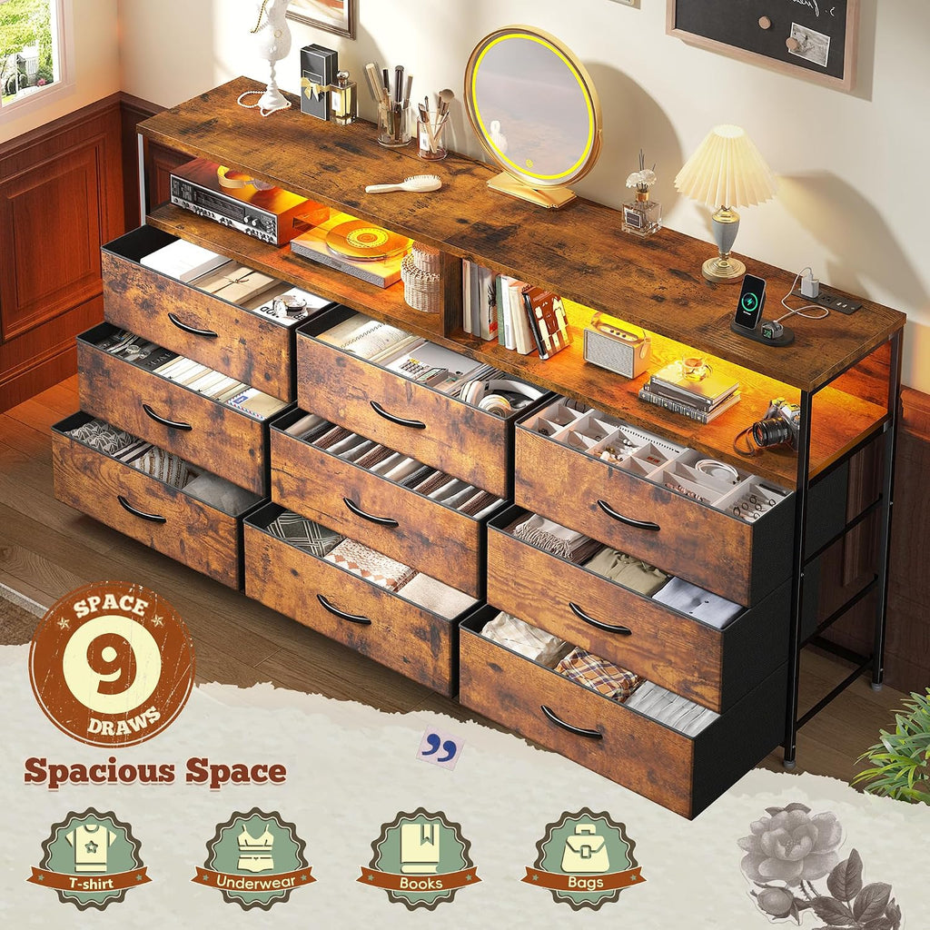 Romorgniz 55' W Dresser for Bedroom with 9 Drawers LED TV Stand with Power Outlets for 45, 55, 65 Inch TV Sturdy Long Chest of Drawers with Extra 2 Wooden Shelves Steel Frame Rustic Brown