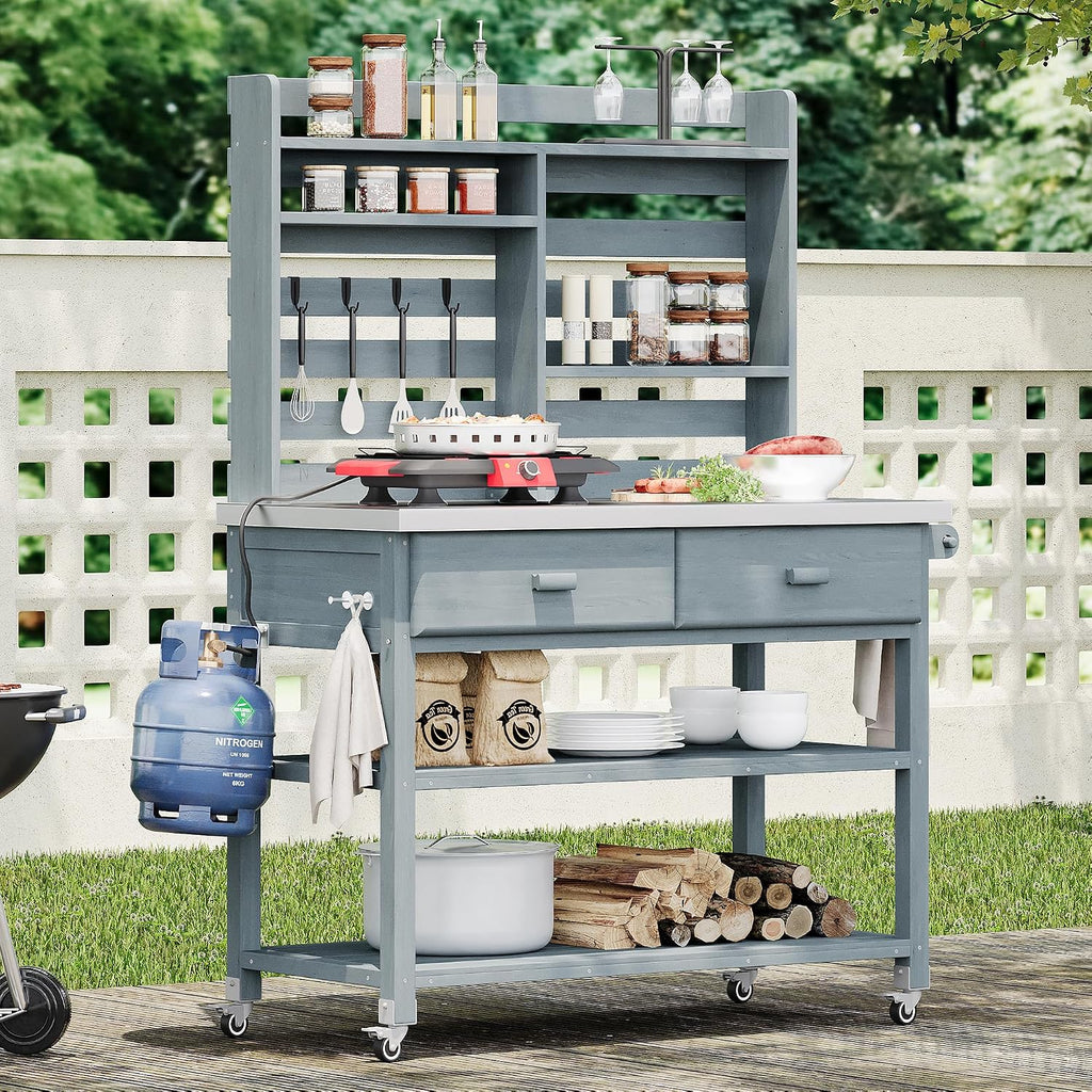 Outdoor Potting Bench Table with Lockable Wheels, Wood Outdoor Workbench with Upper Hutch, Stainless Steel Top, Towel Rack for Grilling, Lawn Garden (Grey Blue, 64.9' H)
