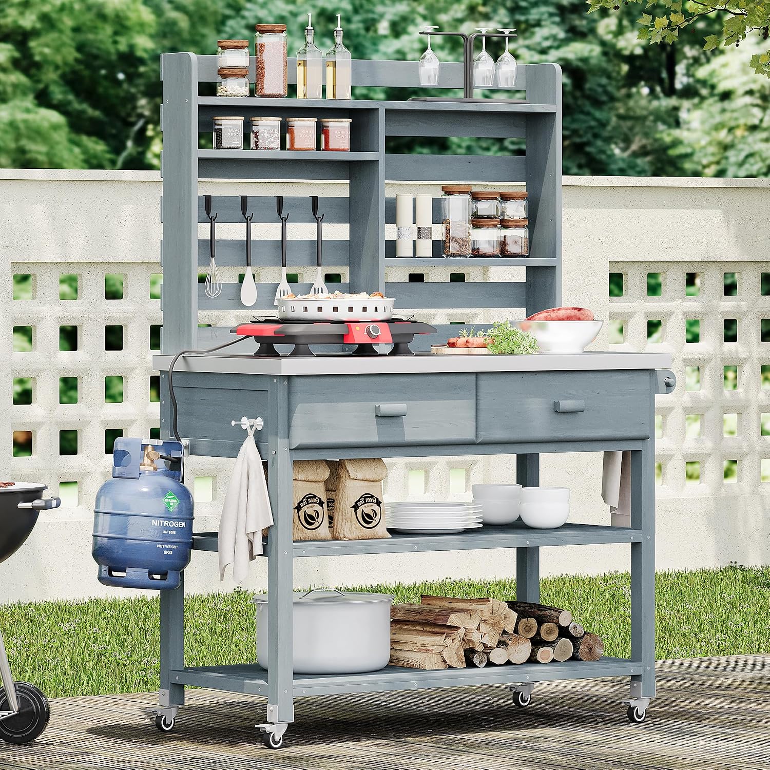 Outdoor Potting Bench Table with Lockable Wheels, Wood Outdoor Workbench with Upper Hutch, Stainless Steel Top, Towel Rack for Grilling, Lawn Garden (Grey Blue, 64.9' H)