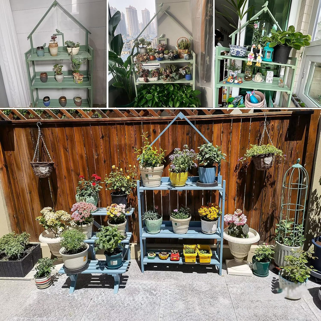 3-Tier Step Plant Shelves, Garden Potting Bench Table, Outdoor Garden Patio Storage Cabinet, Workstation Shed with Tabletop (Color : Blue, Size : 80x25x160cm)