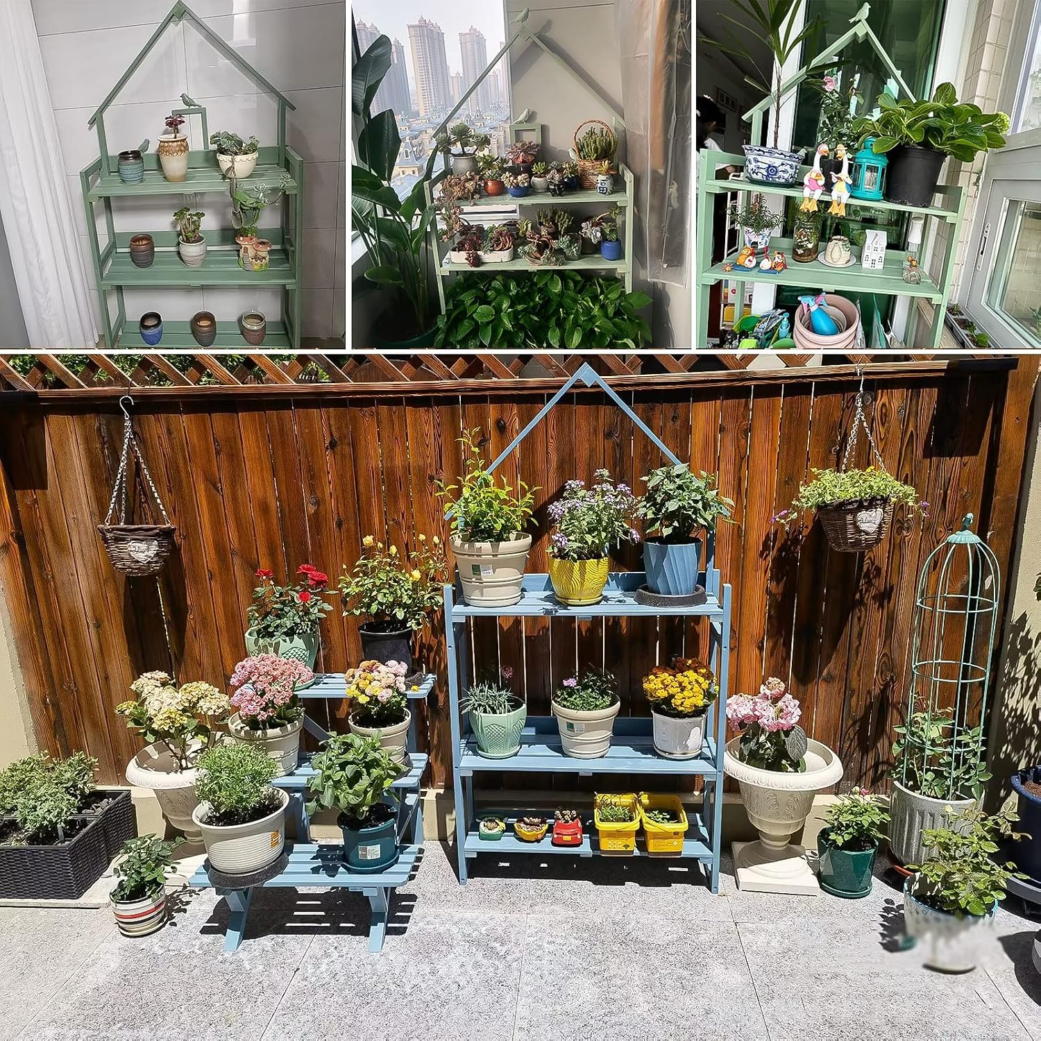 3-Tier Step Plant Shelves, Garden Potting Bench Table, Outdoor Garden Patio Storage Cabinet, Workstation Shed with Tabletop (Color : Blue, Size : 80x25x160cm)
