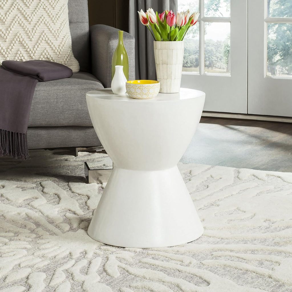 SAFAVIEH Outdoor - Athena Accent Stool - Ivory Concrete - Sculptural Drum Design - Ideal for Living Room, Patio, Deck, Sunroom, 14.9'W x 14.9'D x 17.7'H (VNN1011B)