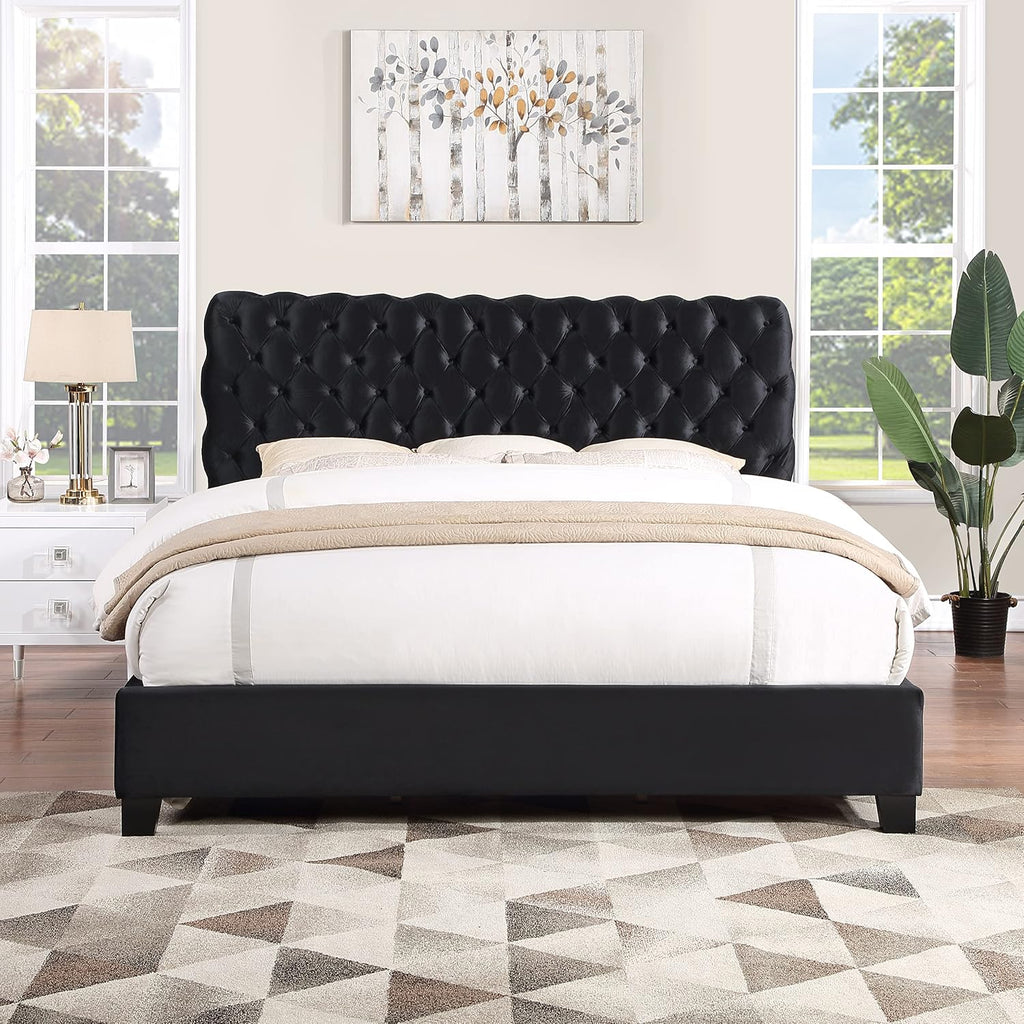 Roundhill Furniture Apoera Velvet Upholstered Button Tufted Bed, King, Black