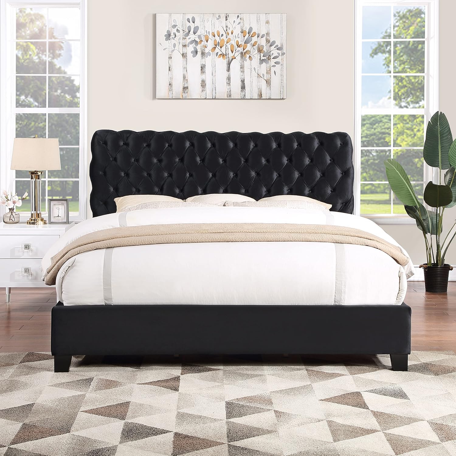 Roundhill Furniture Apoera Velvet Upholstered Button Tufted Bed, King, Black