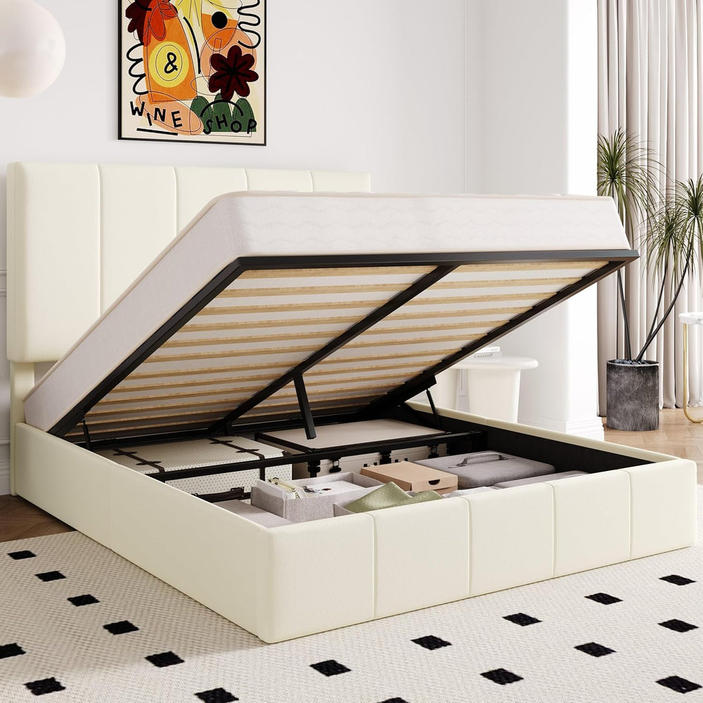 Allewie Full Size Velvet Lift Up Storage Bed Frame, Vertical Channel Tufted Headboard, Hydrualic Underneath Storage, Upholstered Platform Bed, Wooden Slats Support, No Box Spring Needed, Cream