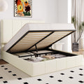 Allewie Full Size Velvet Lift Up Storage Bed Frame, Vertical Channel Tufted Headboard, Hydrualic Underneath Storage, Upholstered Platform Bed, Wooden Slats Support, No Box Spring Needed, Cream