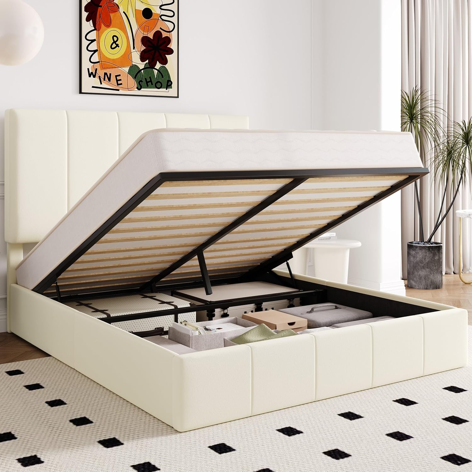Allewie Full Size Velvet Lift Up Storage Bed Frame, Vertical Channel Tufted Headboard, Hydrualic Underneath Storage, Upholstered Platform Bed, Wooden Slats Support, No Box Spring Needed, Cream