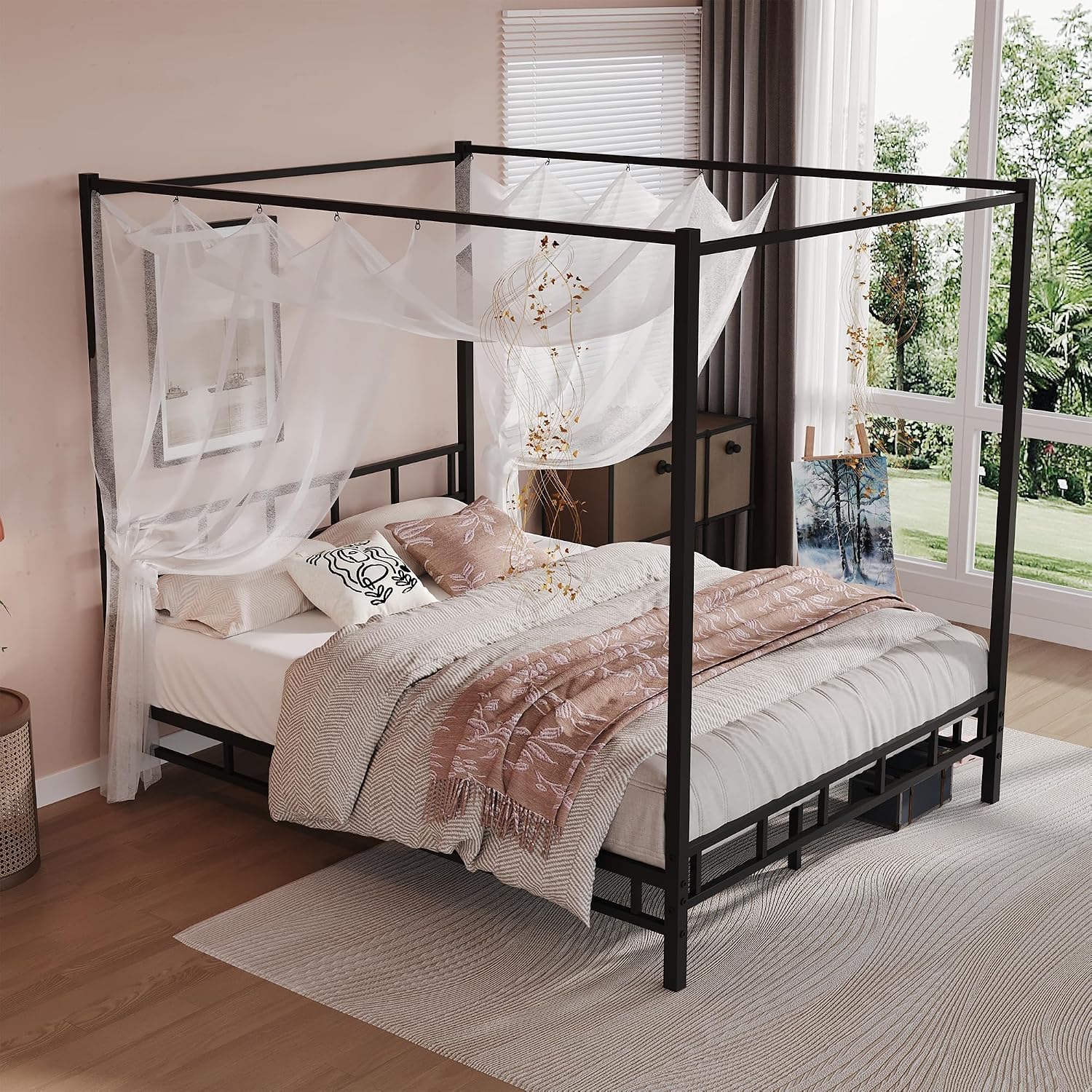BarnFurin Full Size Metal Canopy Bed Frame,Mattress Foundation Platform with Metal Slats Support,Under-Bed Extra Storage No Box Spring Needed, Easy Assembly, Black