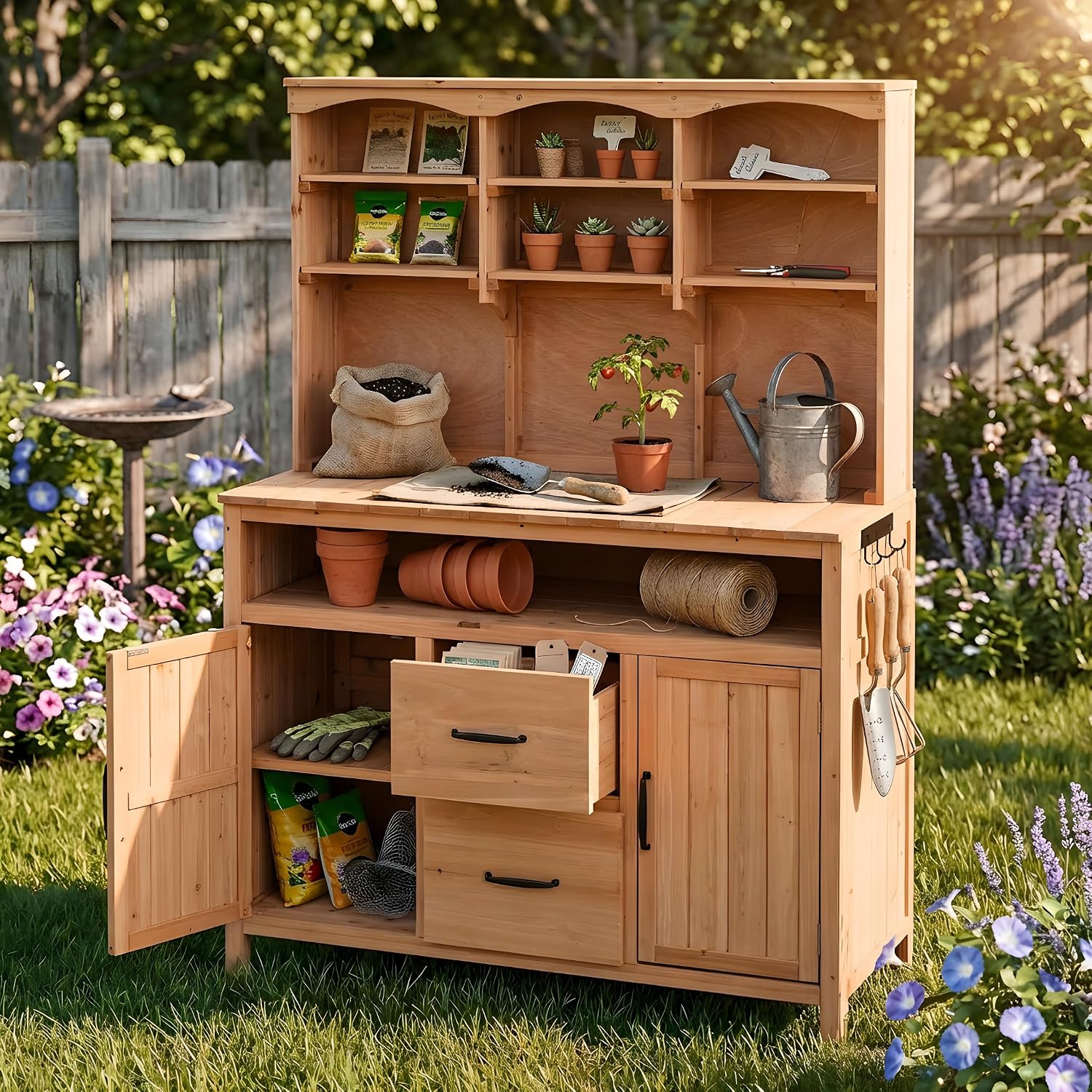 Outdoor Potting Bench Table with Large Countertop and Hutch, Freestanding Garden Workstation with Cabinets, Drawers and Hooks for Backyard (Natural Wood)