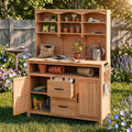 Potting Bench Table with Storage Shelves, Cabinets and Drawers, Multi-Functional Outdoor Patio Workstation with Side Hooks for Patio, Backyard, Mudroom, Natural Wood