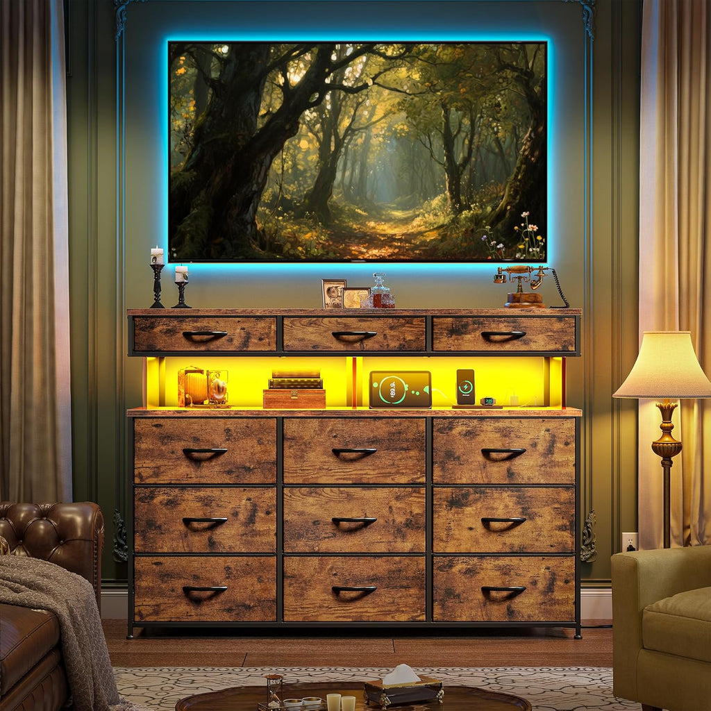Romorgniz Dresser for Bedroom with Charging Station and LED Lights, Fabric Dressers & Chest of Drawers, Dresser TV Stands for Living Room, Open Shelves, 10MM Thick Acrylic Sheet, Brown