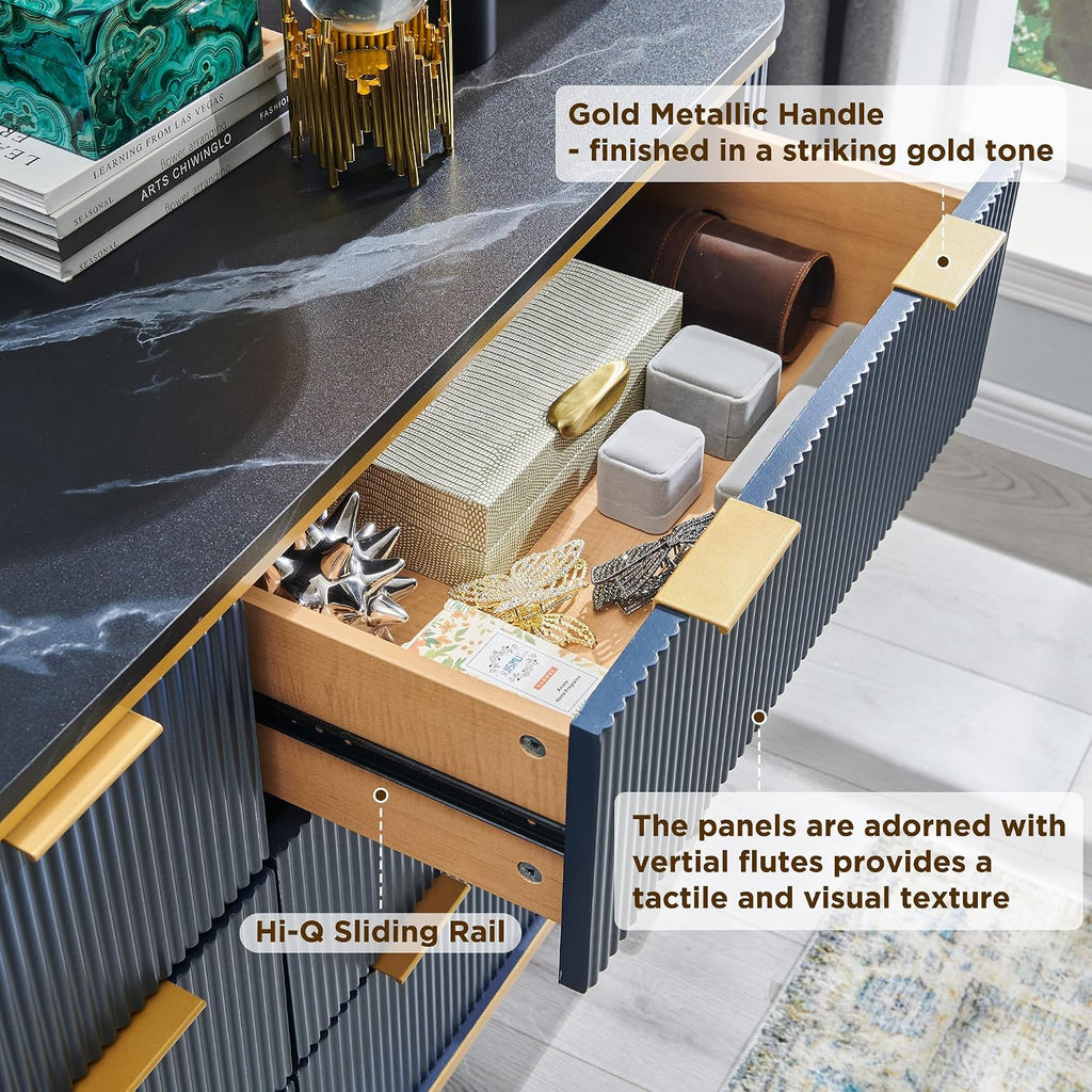 T4TREAM Fluted 6 Drawers Dresser for Bedroom, 54' Wide Modern Dresser TV Stand, Gold Accents, Fluted Fronts, Wood Storage Dressers Organizer for Bedroom, Living Room, (Dark Grey)