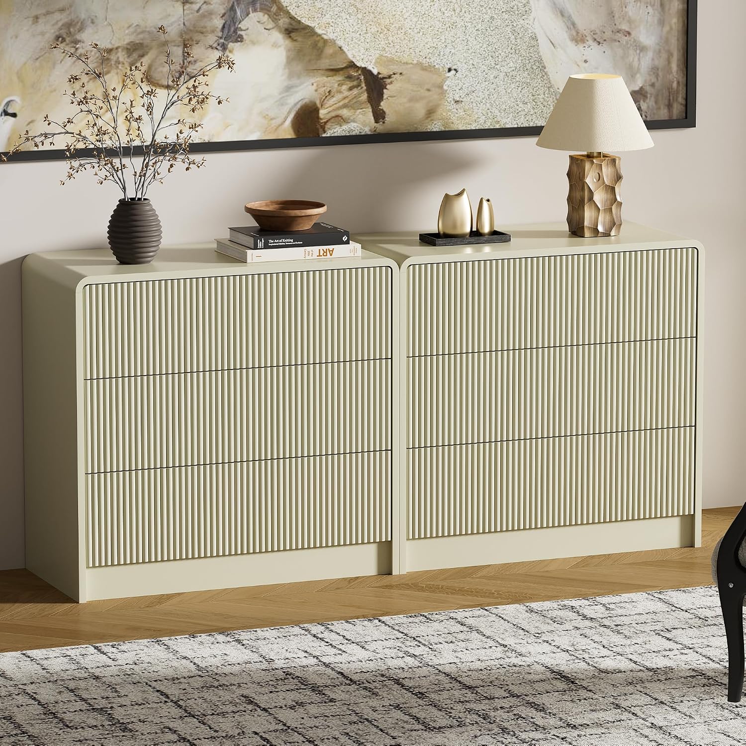 Furniway Beige 3 Drawer Dresser, 32' Wide Wood Chest of Drawers with Curved Design, Modern Fluted Dresser with Push-to-Open Storage for Bedroom