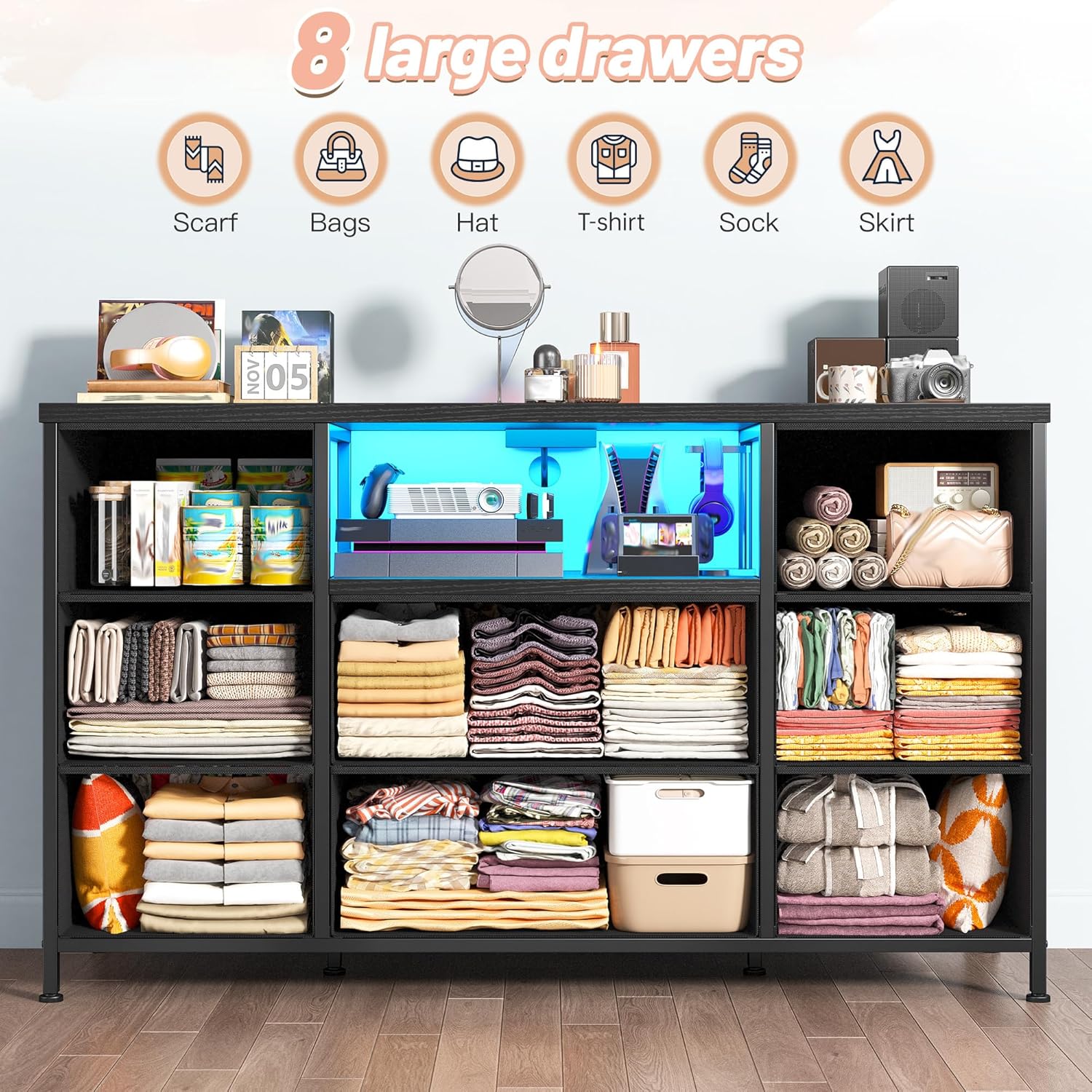 Black Dresser for Bedroom with LED Lights & Charging Station, Dresser TV Stand for Bedroom with 8 Drawer for 55 inch TV, Fabric Dressers & Chests of Drawers with Open Shelves for Hallway Entryway