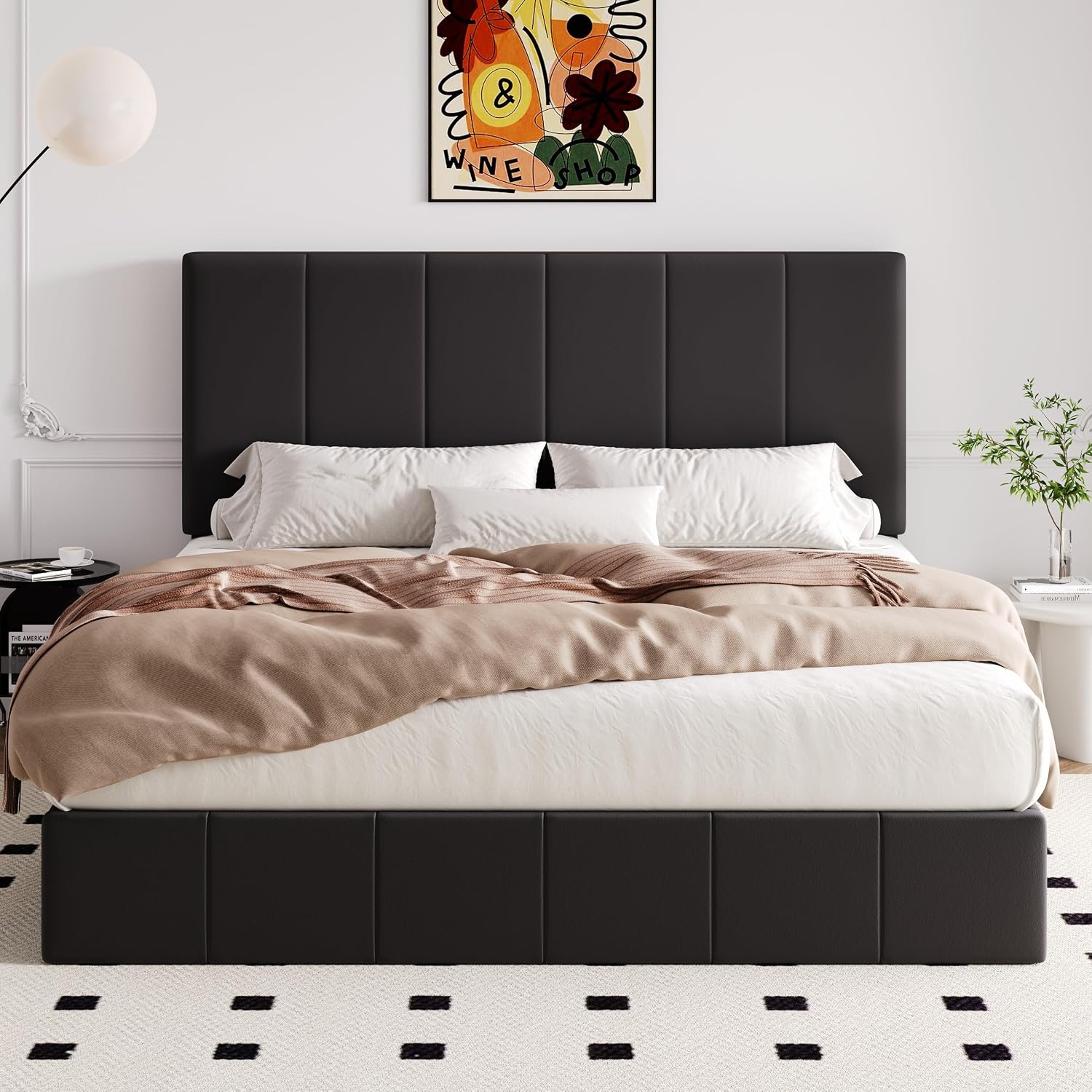 Allewie King Size Velvet Lift Up Storage Bed Frame, Vertical Channel Tufted Headboard, Hydrualic Underneath Storage, Upholstered Platform Bed, Wooden Slats Support, No Box Spring Needed, Black
