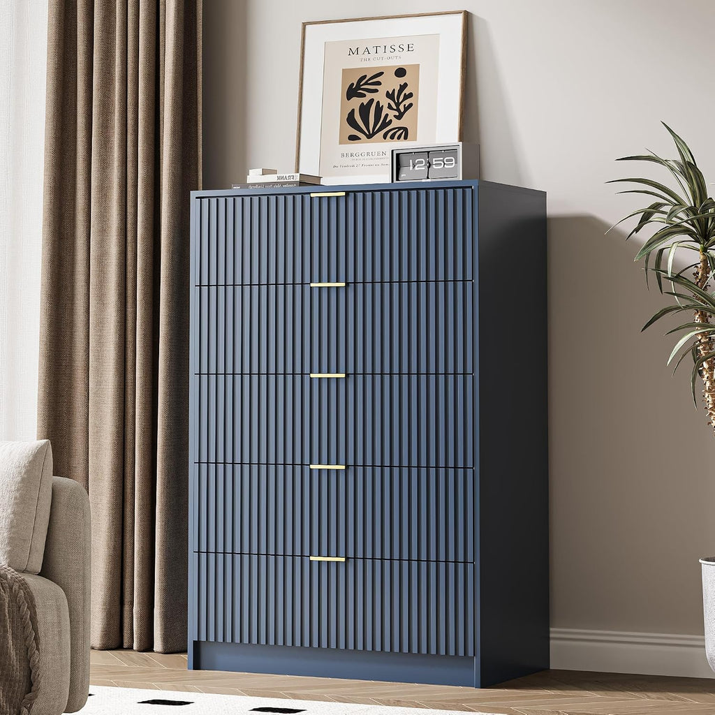 MAISONARIA 5 Drawer Dresser for Bedroom, Tall Dresser Chest of Drawers with Gold Handles, 32 Inch Wide Nightstand with for Bedroom, Living Rooms, Offices, and Entryways, Navy Blue