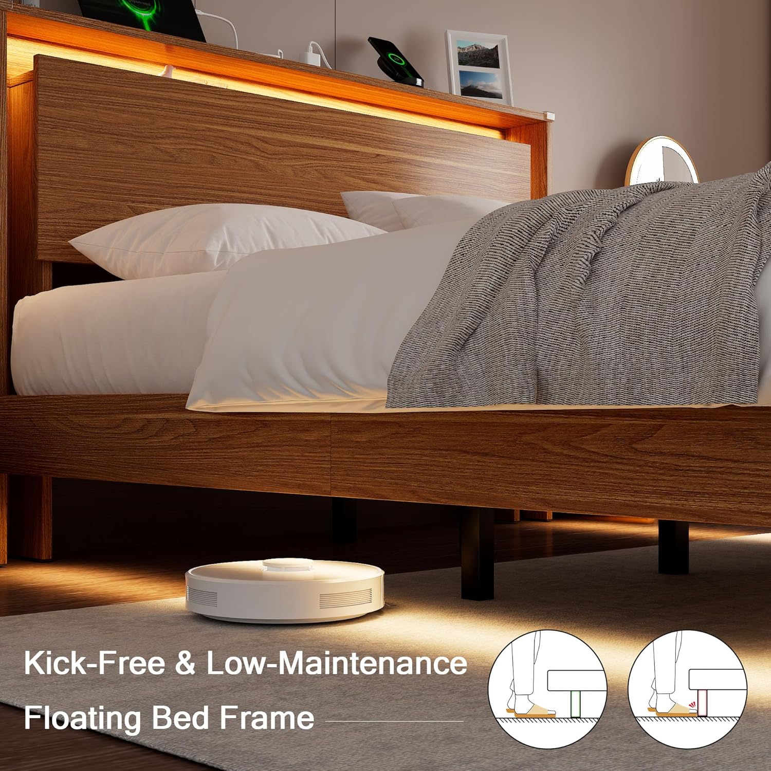 Full Size Bed Frame with LED Lights & Charging Station – Kids Wood Floating Bed Frame with Storage Headboard, Adhesive Slats, Kick-Free & Noise-Free Design, Easy Assembly, Walnut