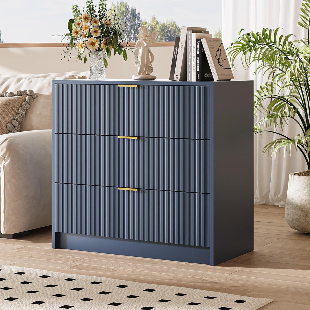 MAISONARIA Fluted Dresser for Bedroom, 32 Inch Wide Nightstand with Large Drawer, 3 Drawer End Table for Bedroom, Living Rooms, Offices, and Entryways, Navy Blue