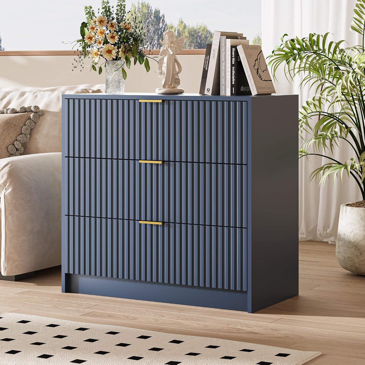 MAISONARIA Fluted Dresser for Bedroom, 32 Inch Wide Nightstand with Large Drawer, 3 Drawer End Table for Bedroom, Living Rooms, Offices, and Entryways, Navy Blue
