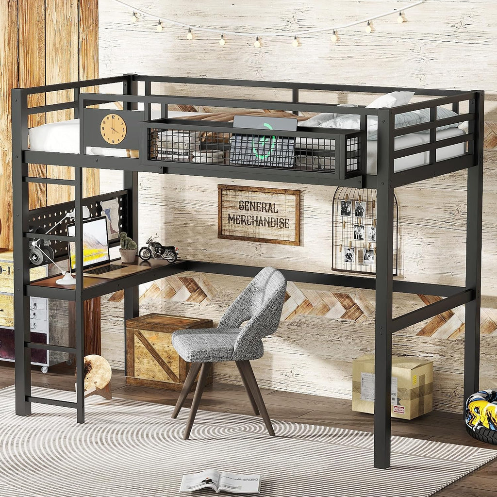 Bellemave Twin XL Size Metal Loft Bed with Desk and Side Clock,Heavy Duty Loft Bed Frame with Charging Station and Pegboard for Kids,Teens,Adults,Twin XL Size,Black