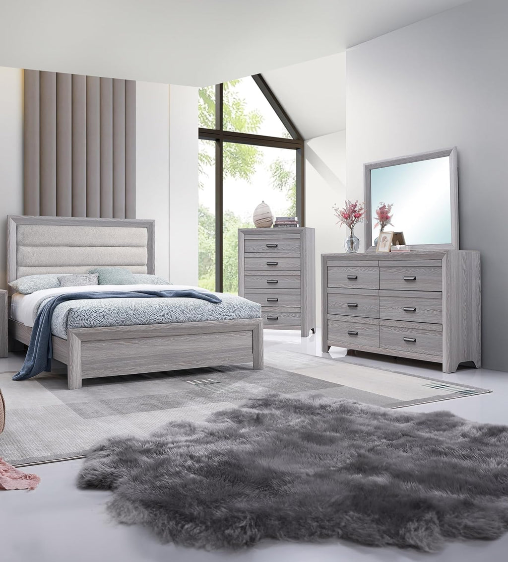 Drift Wood Grey Finish Full Size Upholstered Channel Tufted Panel 4pc Bed Set Wooden Bedroom Furniture Contemporary