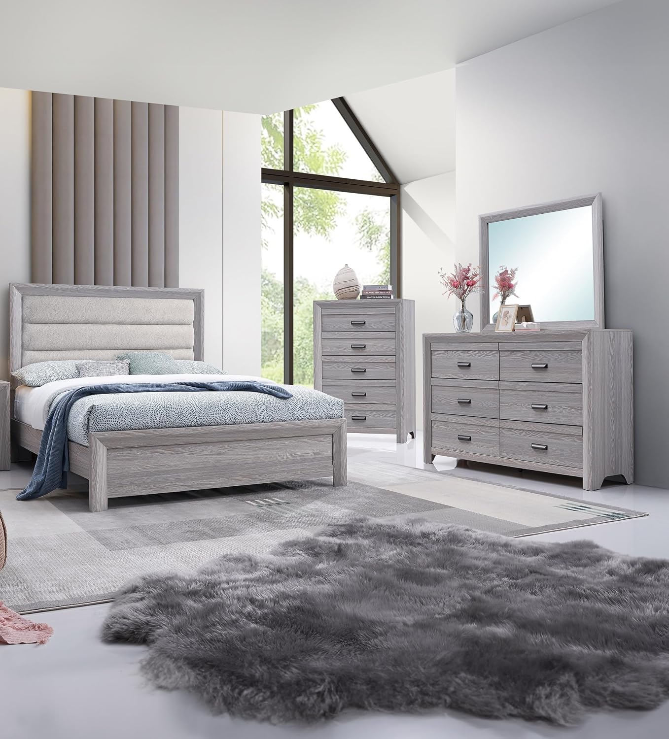 Drift Wood Grey Finish Full Size Upholstered Channel Tufted Panel 4pc Bed Set Wooden Bedroom Furniture Contemporary