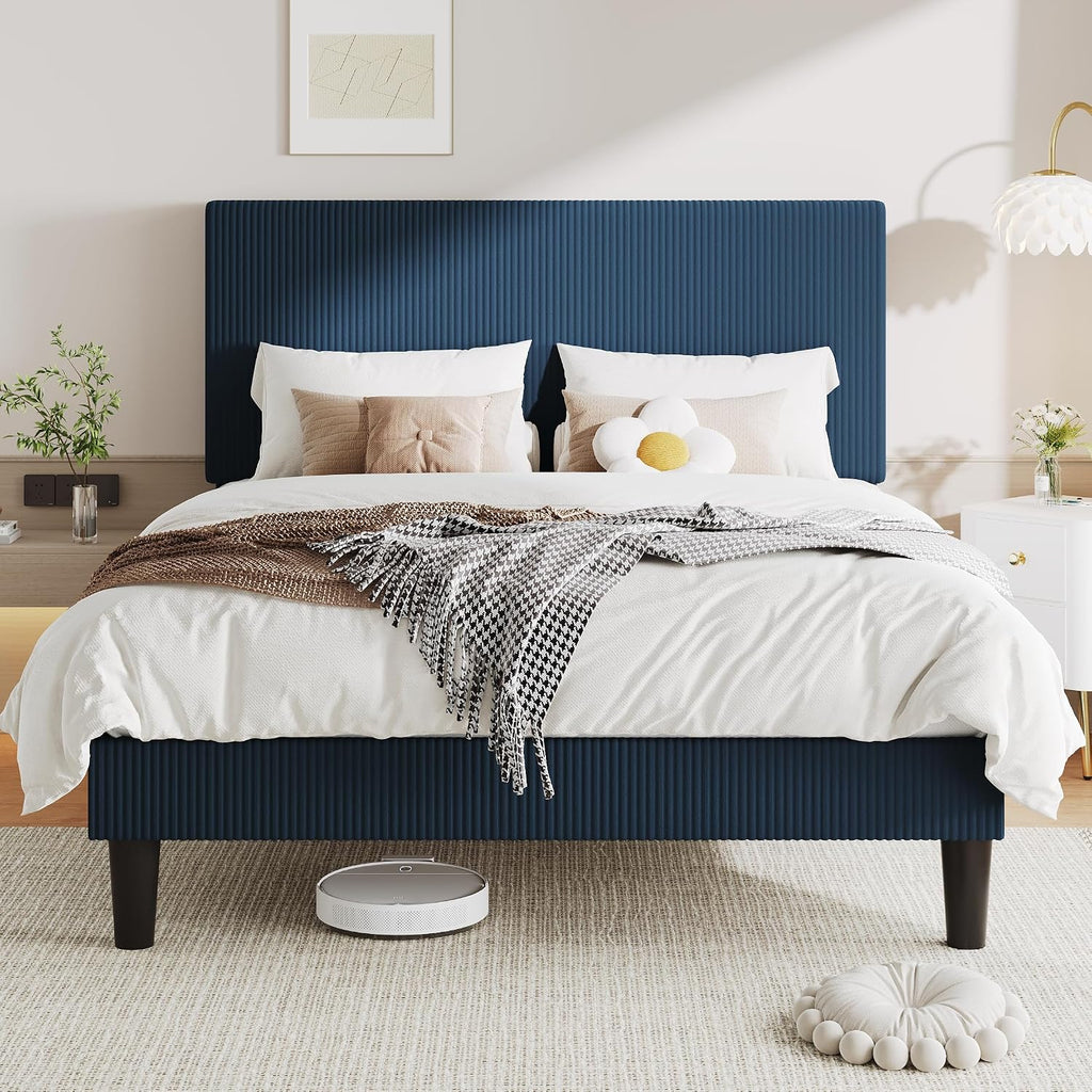 Allewie Full Size Upholstered Bed Frame with Vertical Channel Tufted Headboard, Soft Corduroy Fabric Platform Bed, Strong Wooden Slats Support, Easy Assembly, No Box Spring Needed, Dark Blue