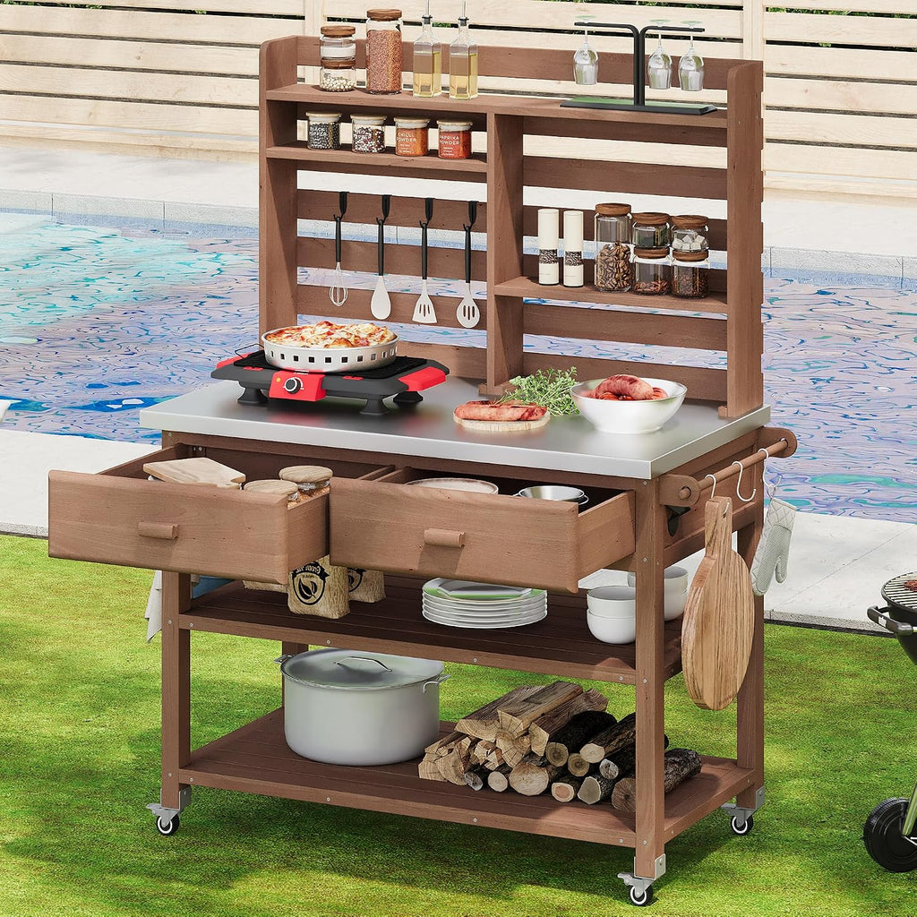 GOWE K&K 64.9' H Outdoor Potting Bench Table with Lockable Wheels, Solid Wood Outdoor Kitchen Island with Upper Hutch, Stainless Steel Top, Towel Rack,Outdoor Storage for Grilling, Lawn Garden -Brown
