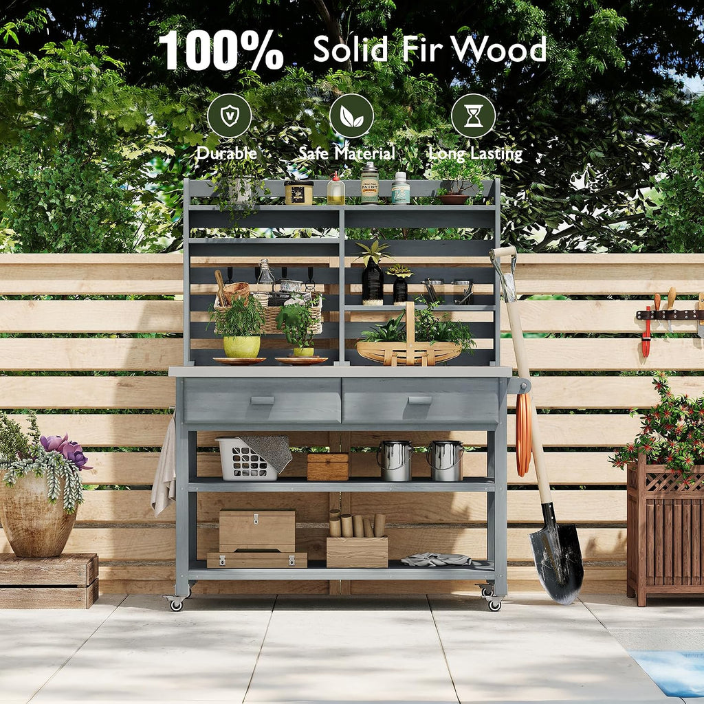 Outdoor Potting Bench Table with Lockable Wheels, Fir Wood Garden Workstation with Stainless Steel Top, Side Rack and Storage Drawers, Farmhouse Potting Table for Outside, Patio, Backyard,Grey Blue
