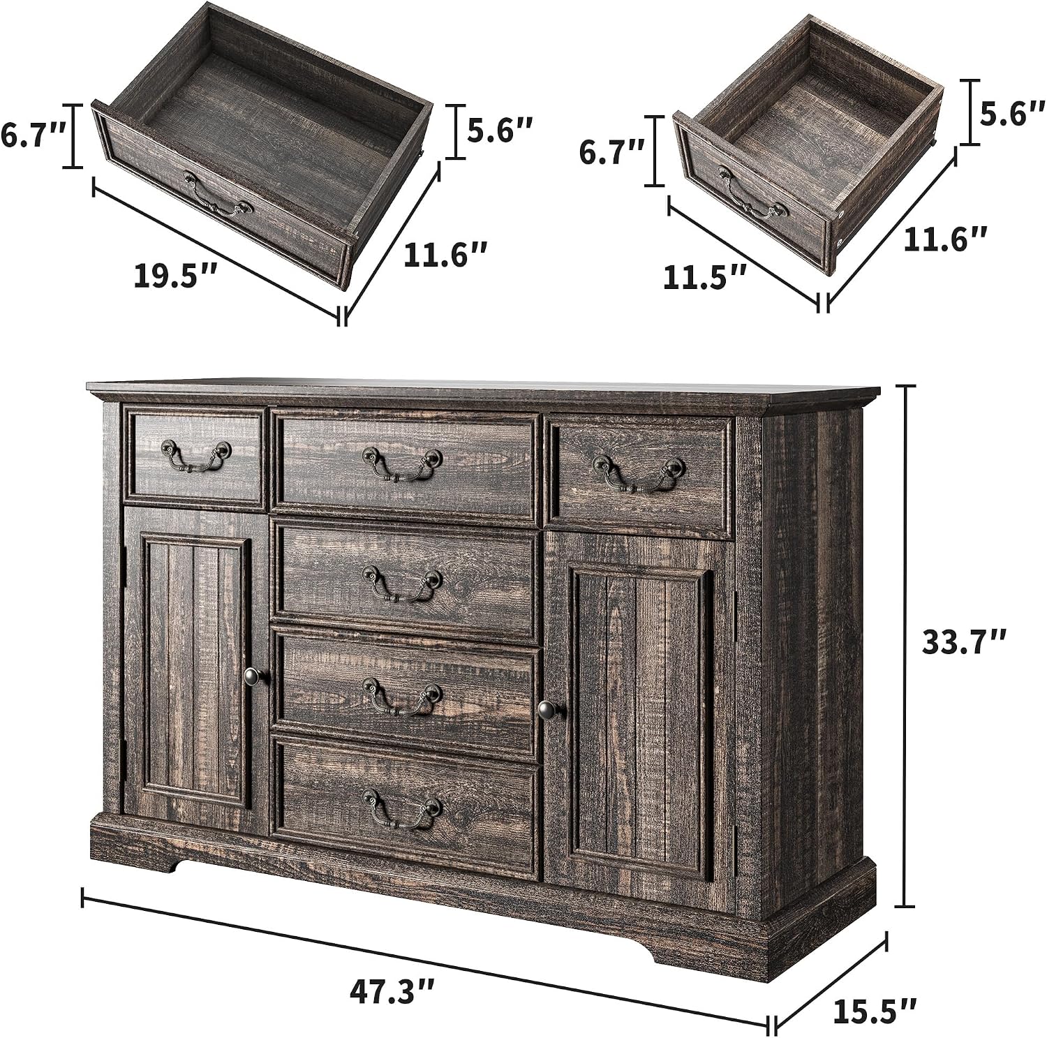 Homkdom Farmhouse Dresser – 6 Drawers & 2 Doors for Bedroom Storage Dresser Sturdy Build & Smooth Silent Slides，Dark Rustic Oak