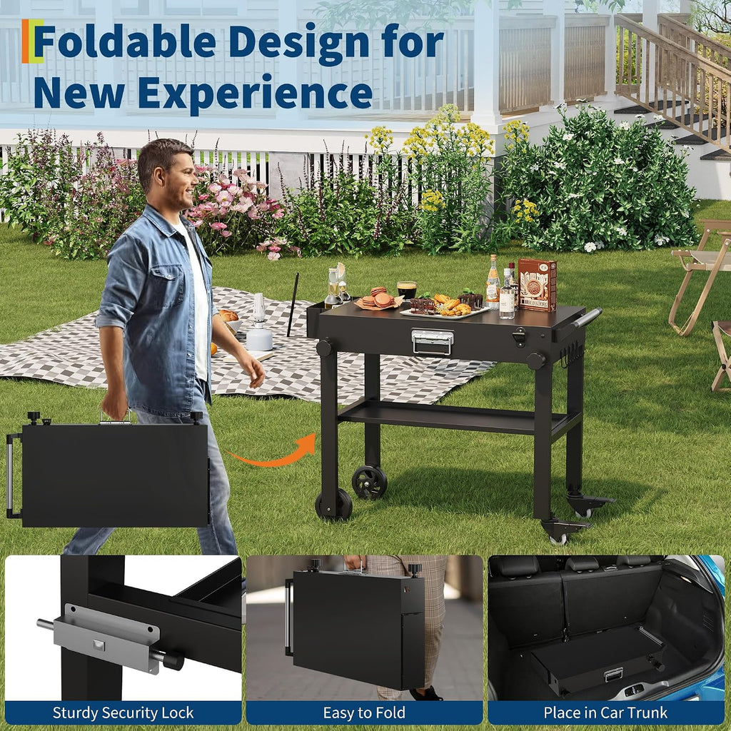 Dining Cart Table with Double-Shelf, Movable Pizza Oven Table Cart for Outside Patio, Stainless Steel Locking Wheels, Side Handle, Multifunctional, Kitchen Cooking Food Prep Table for Party, Black