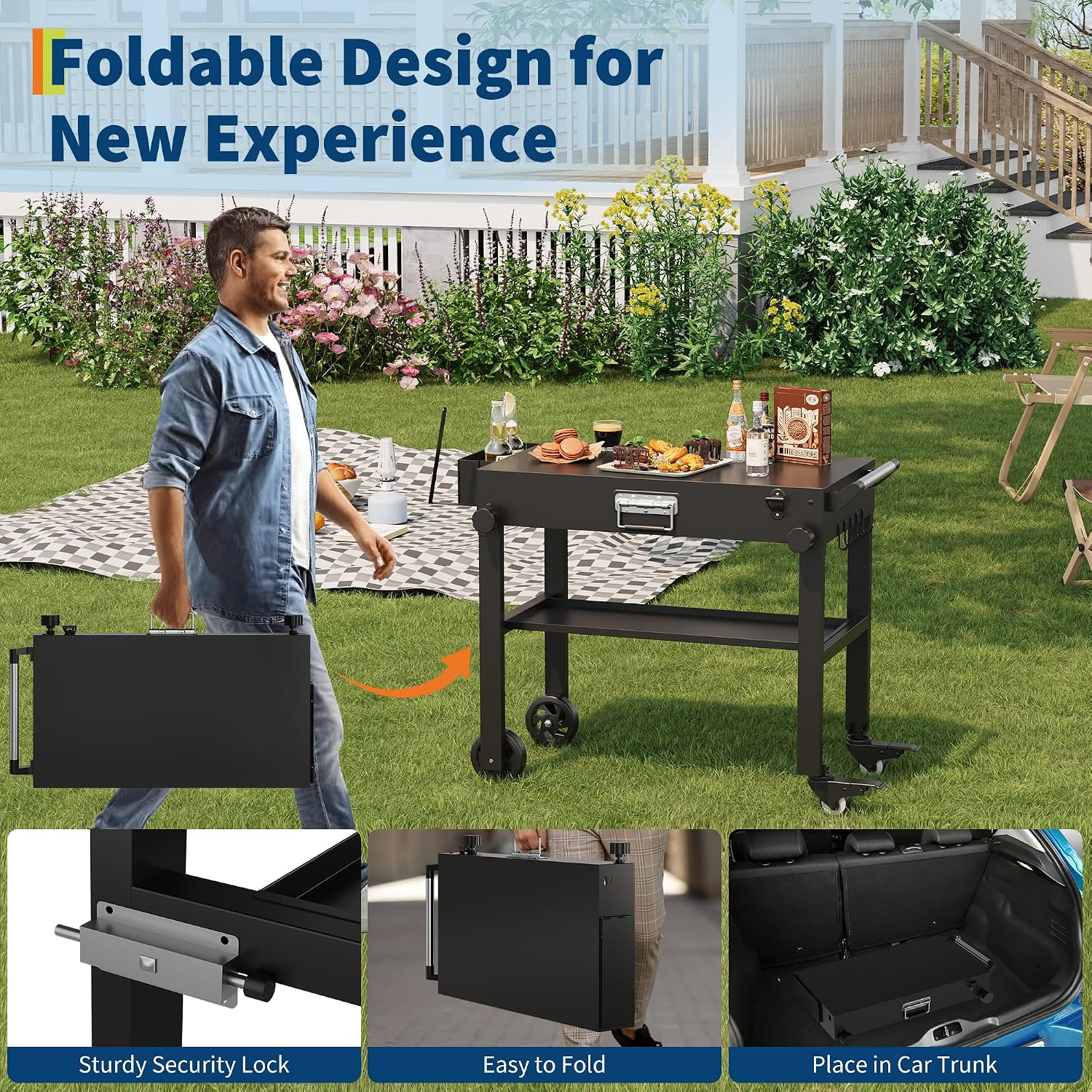 Dining Cart Table with Double-Shelf, Movable Pizza Oven Table Cart for Outside Patio, Stainless Steel Locking Wheels, Side Handle, Multifunctional, Kitchen Cooking Food Prep Table for Party, Black