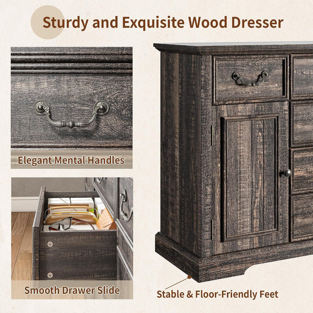 Homkdom Farmhouse Dresser – 6 Drawers & 2 Doors for Bedroom Storage Dresser Sturdy Build & Smooth Silent Slides，Dark Rustic Oak