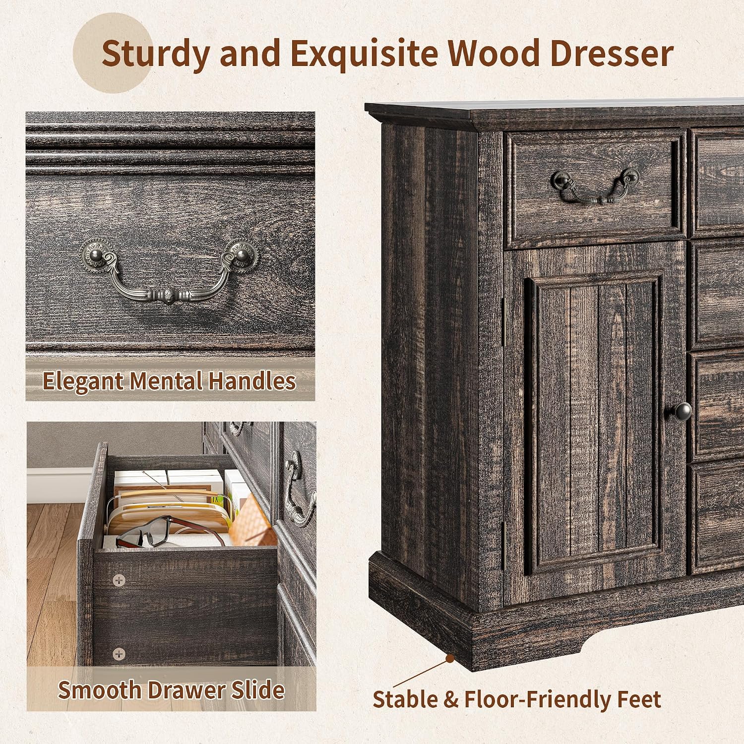Homkdom Farmhouse Dresser – 6 Drawers & 2 Doors for Bedroom Storage Dresser Sturdy Build & Smooth Silent Slides，Dark Rustic Oak