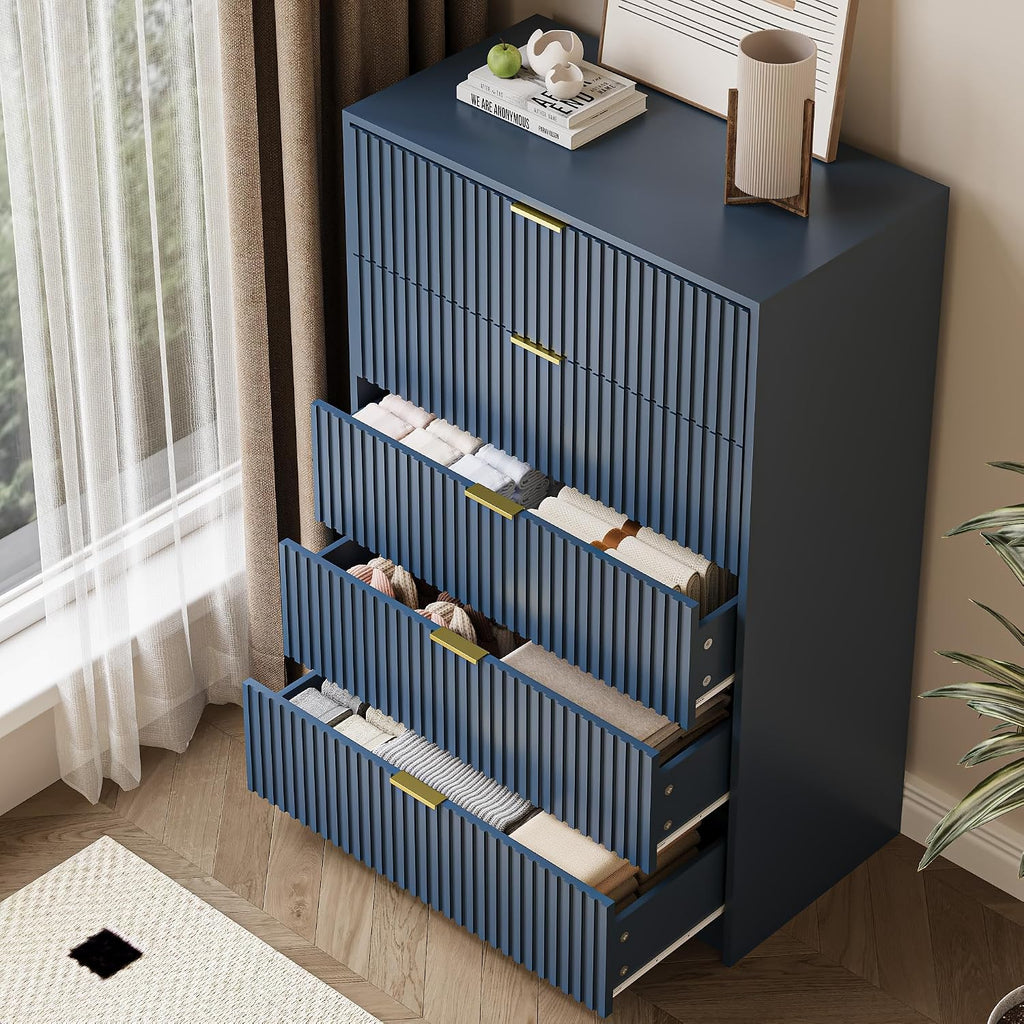 MAISONARIA 5 Drawer Dresser for Bedroom, Tall Dresser Chest of Drawers with Gold Handles, 32 Inch Wide Nightstand with for Bedroom, Living Rooms, Offices, and Entryways, Navy Blue